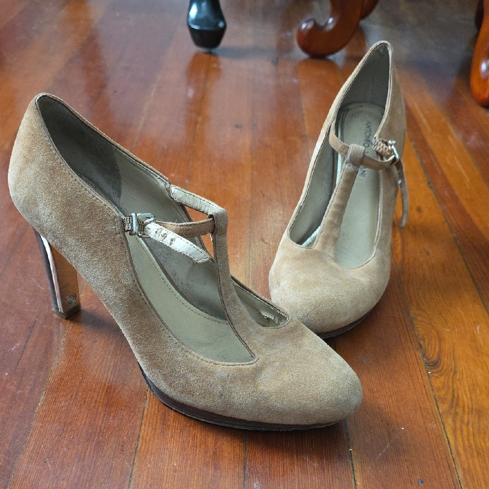 ANTONIO MELANI Tan Suede T-Strap Heels